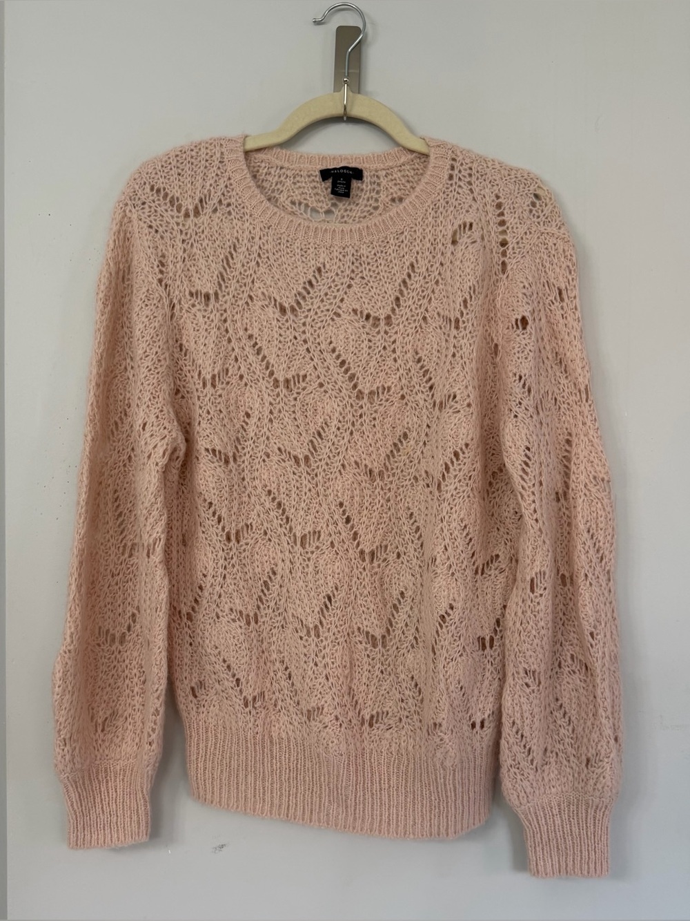 Halogen women’s small blush pink open knit crochet sweater soft cozy cottagecore